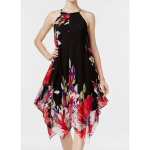 INC Black Floral Sun Dress Sz 8 Chiffon Handkerchief Hem Flowy Feminine Party